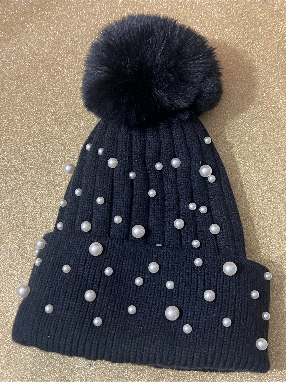 Natasha Couture Black Pearl-Accent Pom Pom Beanie